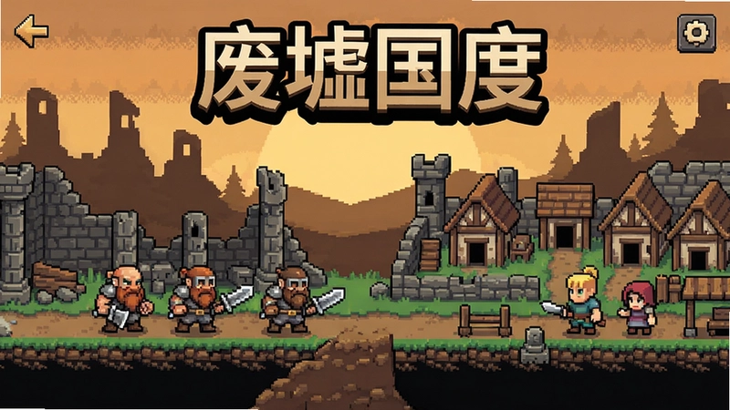 废墟国度游戏主界面截图,融合像素风格矮人战斗与城镇建设场景,标题“废墟国度”