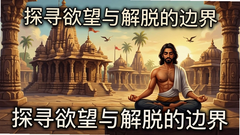 展现Karmasutra印度神庙场景与主角冥想画面的游戏截图,文字“探寻欲望与解脱的边界”