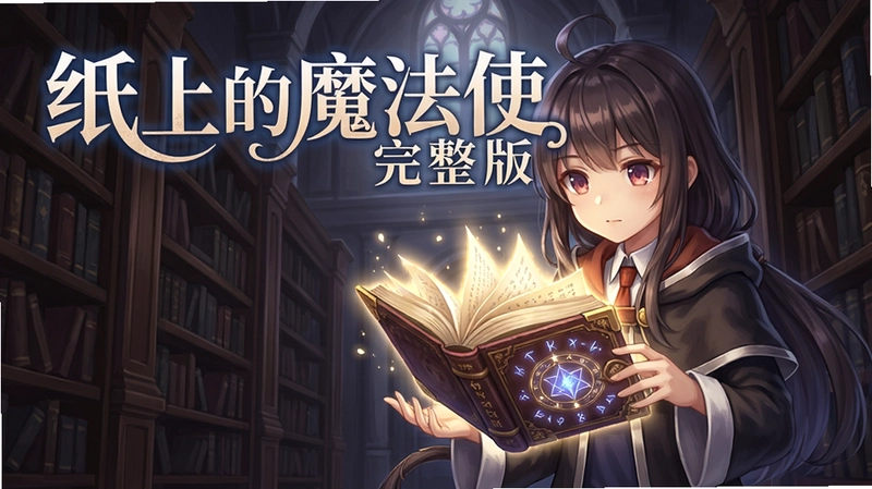 纸上的魔法使完整版游戏主视觉图,动漫少女与散发光芒的魔法书,画面浮现“纸上的魔法使完整版”标题字体,背景为庄严的图书馆书架