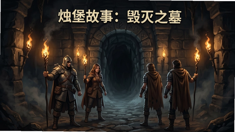 “烛堡故事:毁灭之墓”冒险者小队在墓穴入口集结,光影氛围充满神秘感