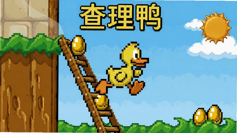 查理鸭电脑版游戏经典画面,像素小鸭在梯子上跳跃收集金蛋,文字“查理鸭”经典重现