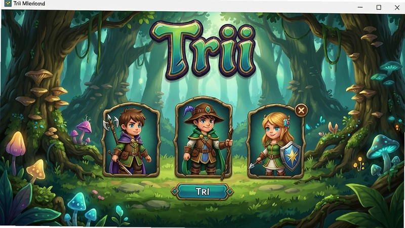Trii电脑版游戏主界面,展示“Trii”标题和角色选择画面,奇幻森林背景