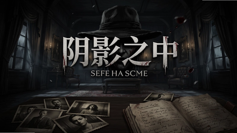 游戏“阴影之中”电脑版恐怖氛围主视觉,昏暗古宅大厅,散落的老照片与日记