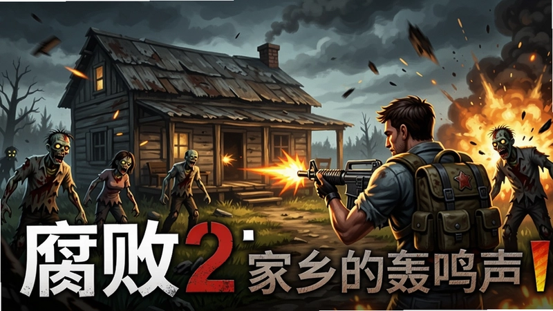 腐败2:家乡的轰鸣声游戏宣传图,丧尸围攻农舍,主角持枪还击,画面充满火光与轰鸣感