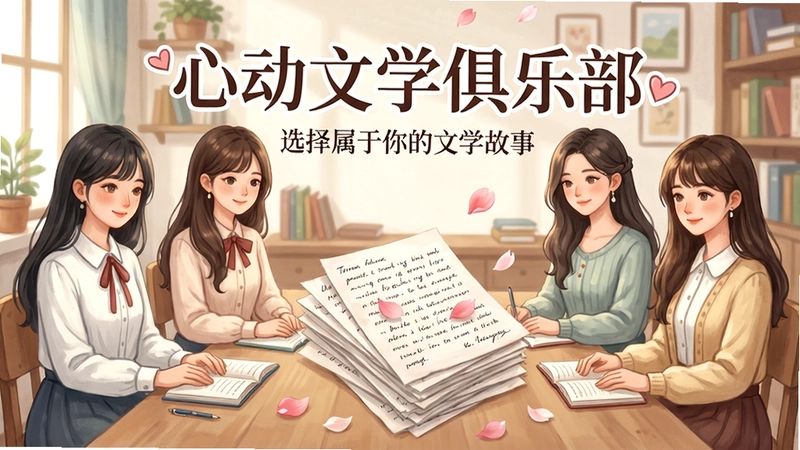 心动文学俱乐部游戏海报,五位女主角围坐在文学社活动室内,画面中间放置一叠手写稿纸与飘落的花瓣,风格清新治愈,标题标注“心动文学俱乐部”艺术字与“选择属于你的文学故事”标语