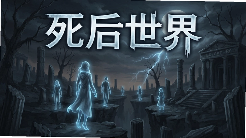 死后世界电脑版游戏主视觉图,展现灵魂徘徊的死后世界场景,包含“死后世界”文字标题