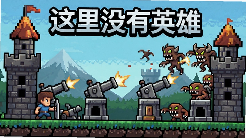 这里没有英雄游戏主视觉,像素城堡防御,四名角色合作建造炮塔,满屏怪物进攻,标题“这里没有英雄”
