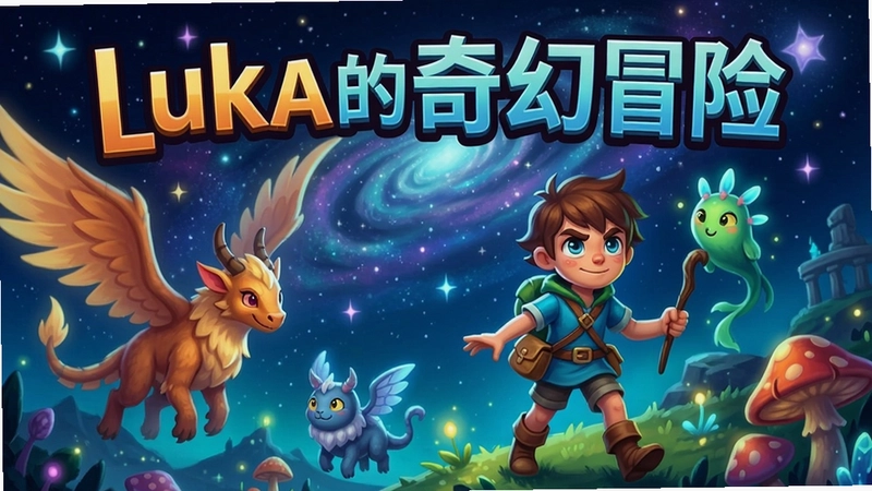 “luka的奇幻冒险”游戏主视觉图,展现主角luka与奇幻生物在星空下冒险的场景,标题醒目