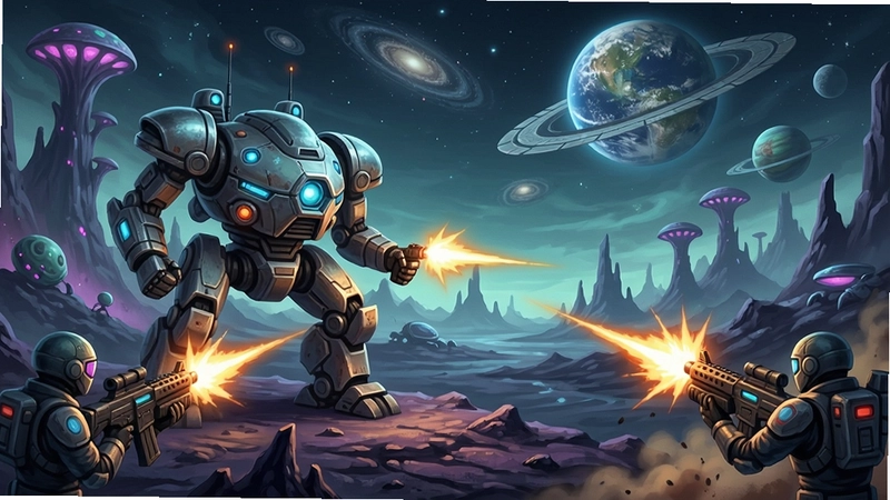 异星探测机游戏场景与探测机甲,展现外星探索和激烈射击的科幻画面