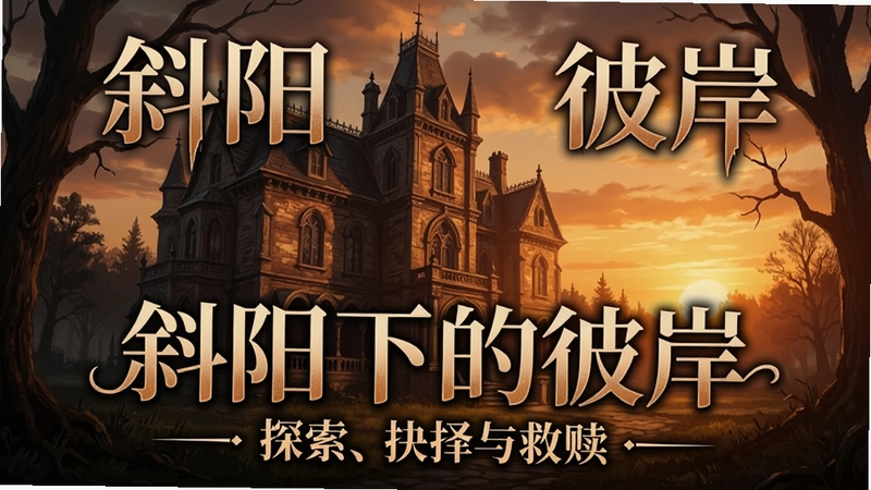 斜阳下的彼岸游戏场景,一座笼罩在夕阳余晖中的哥特式庄园,标题“斜阳下的彼岸”和“探索、抉择与救赎”字样