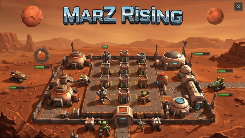 火星崛起MarZ Rising游戏主界面,展示塔防布局和火星基地,文字“MarZ Rising”