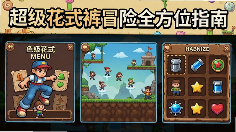 超级花式裤冒险游戏的综合展示图,包含主菜单、角色选择界面、典型冒险关卡和道具系统,文字注明“超级花式裤冒险全方位指南”