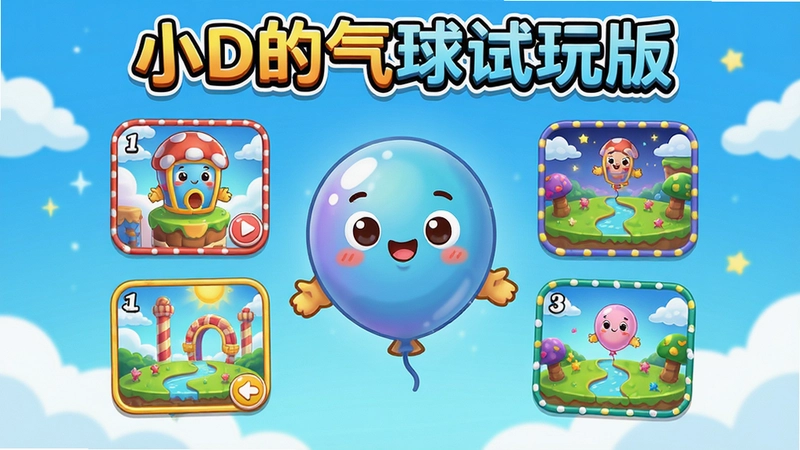 小D的气球试玩版游戏主界面 展示可爱气球角色和多彩关卡选择画面 含