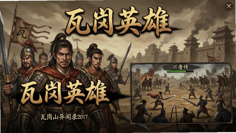 兴唐传:瓦岗山异闻录2017版游戏主界面与战场截图,包含“瓦岗英雄”字样