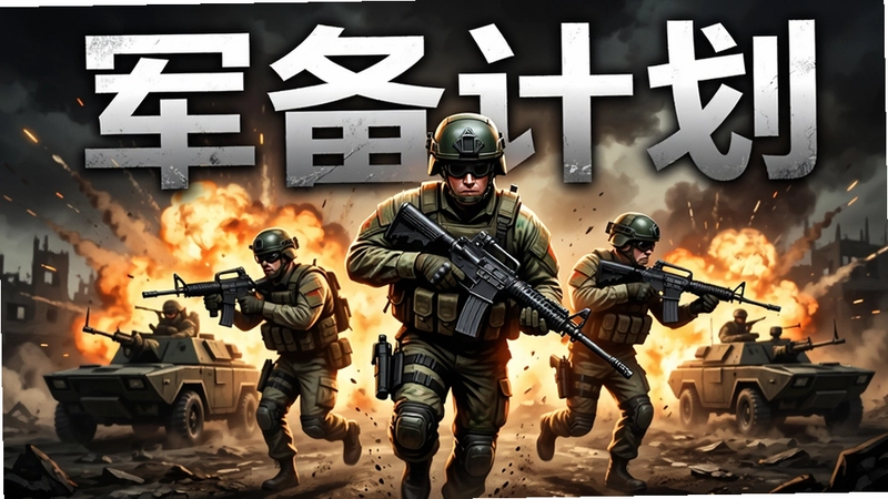 军备计划游戏主视觉图,现代战争士兵持枪冲锋,爆炸火光,包含“军备计划”标题文字