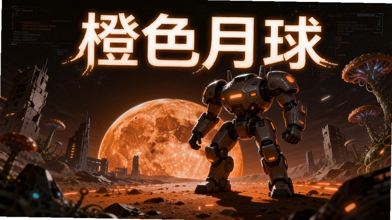 橙色月球游戏主视觉,科幻机甲站在橙色发光的月球表面,废墟与异星植物,动态光影,数字绘画,