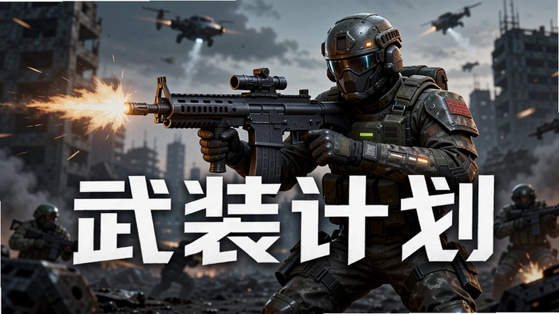 武装计划科幻射击游戏主视觉,士兵持枪战斗,文字“武装计划”