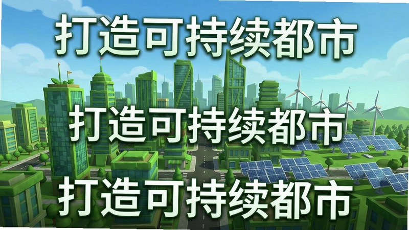 城市:天际线绿色之城游戏主界面展示,包含绿色建筑和可再生能源设施,文字“打造可持续都市”