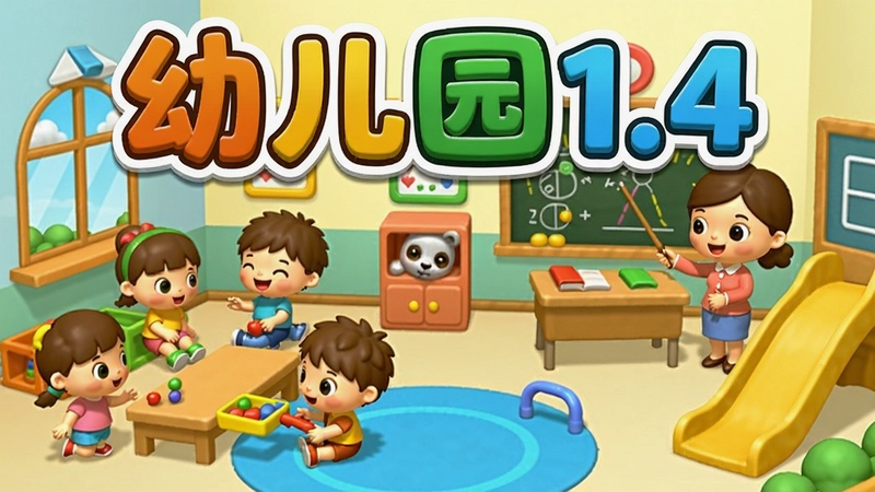 一款名为“幼儿园1.4”的电脑游戏宣传图,画面展示可爱的卡通幼儿园场景,有小朋友玩耍、老师授课,包含游戏名“幼儿园1.4”