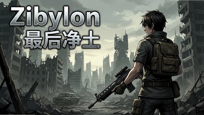 一张展现Zibylon最后净土游戏末世城市废墟与主角持枪探索的高清宣传图,图上标注“Zibylon最后净土”标题