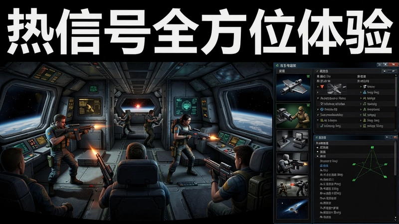 热信号电脑版游戏全景截图,包含太空飞船内部潜入场景、角色使用各种武器道具、多样任务界面、配置需求与快捷键设置一览,用大字标题“热信号全方位体验”