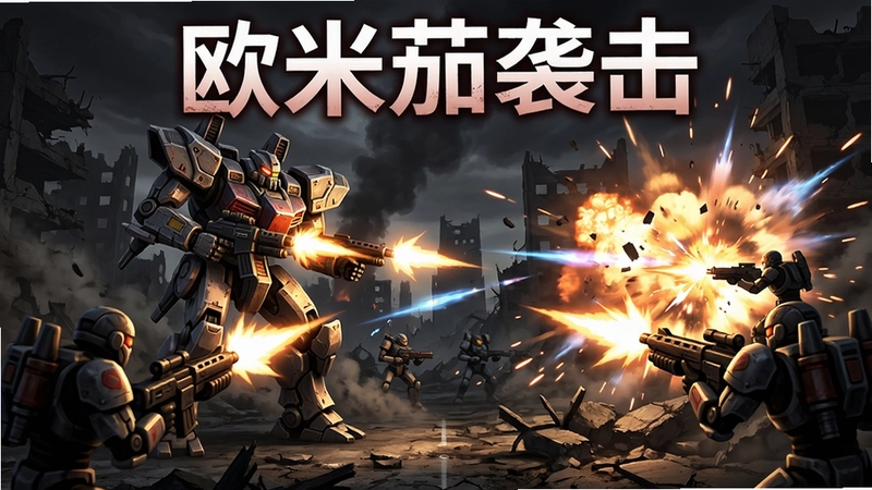 欧米茄袭击游戏战斗场景,机甲在废墟中射击,特效震撼,标题“欧米茄袭击”