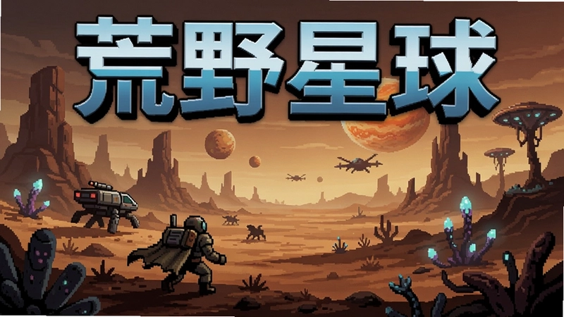 生成荒野星球电脑版游戏场景图片,包含“荒野星球”文字标题与外星荒野景观