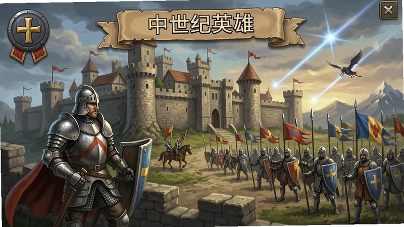 “中世纪英雄”游戏主界面展示,包含中古城堡、英雄角色与军队集结的史诗画面