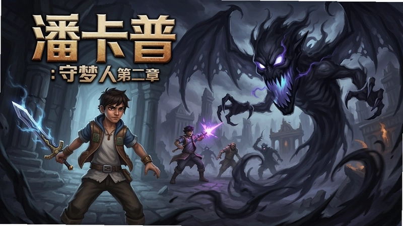 潘卡普:守梦人第二章游戏封面与梦境战斗场景,主角潘卡普持剑对抗梦魇,标注“潘卡普:守梦人第二章”