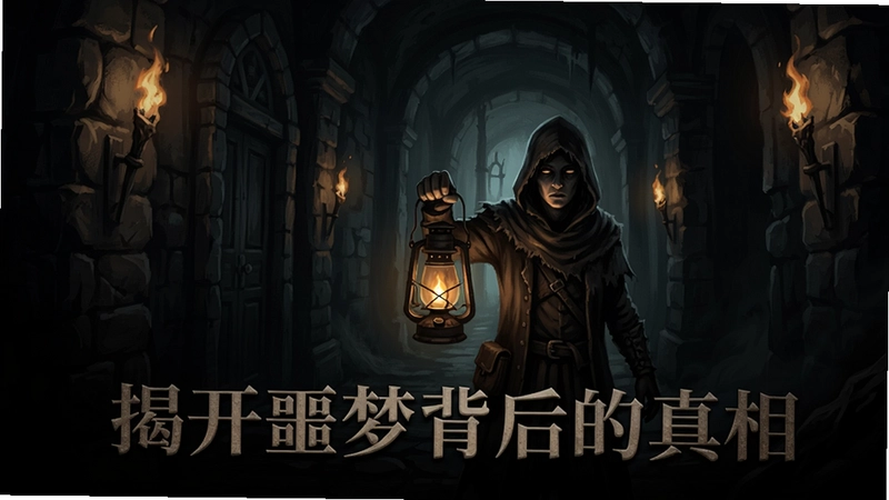幽暗迷宫7:噩梦阴影 游戏主视觉 主角手持提灯探索黑暗走廊