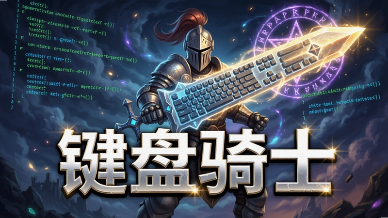 键盘骑士游戏主视觉海报,骑士手持光之键盘巨剑,背后是代码与魔法交织的天空,“键盘骑士”标题耀眼夺目