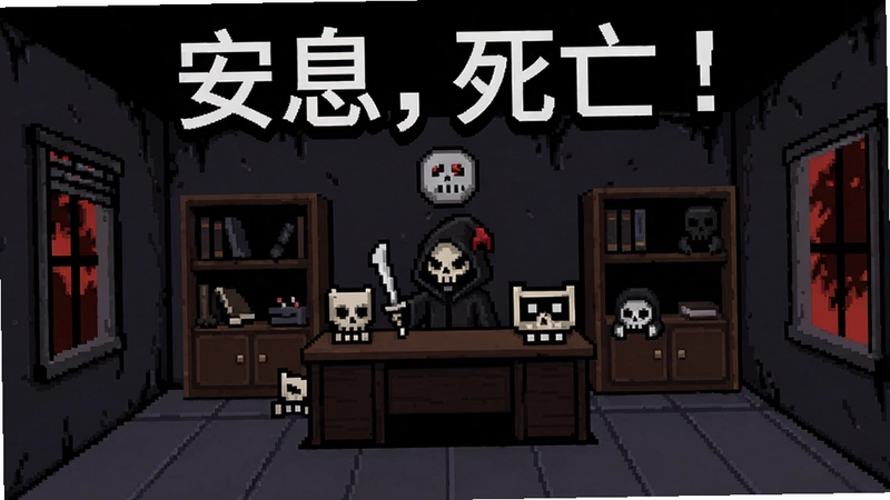 像素游戏“安息,死亡 !”的死神办公室场景,包含“安息,死亡 !”标题文字与黑色幽默风格