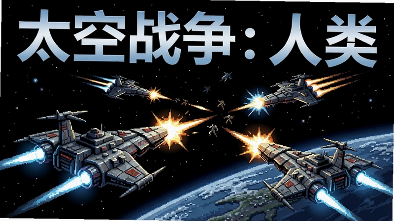 太空战争:人类 电脑版游戏场景,星际战舰交火,包含“太空战争:人类”标题的封面宣传图,高画质