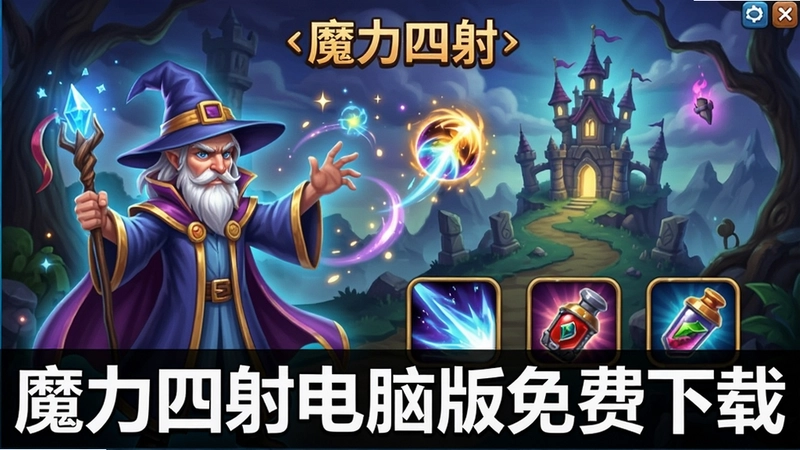 魔力四射游戏主界面,包含魔法师角色、关卡场景、技能特效与道具图标,标注“魔力四射电脑版免费下载”字样
