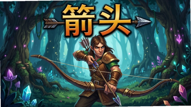 箭头电脑版游戏封面图,角色手持长弓,背景为魔幻森林,标题文字“箭头”