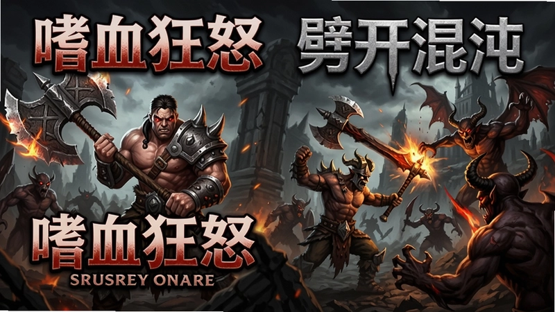 狂暴之斧游戏封面与战斗场景,包含狂战士角色、巨斧、恶魔敌人,文字“嗜血狂怒 劈开混沌”
