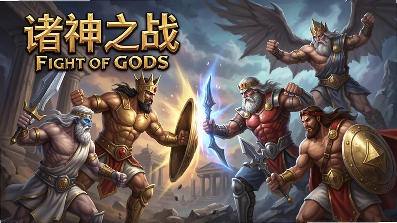 诸神之战Fight of Gods游戏主视觉,包含“诸神之战Fight of Gods”标题以及多位神明角色对决场景