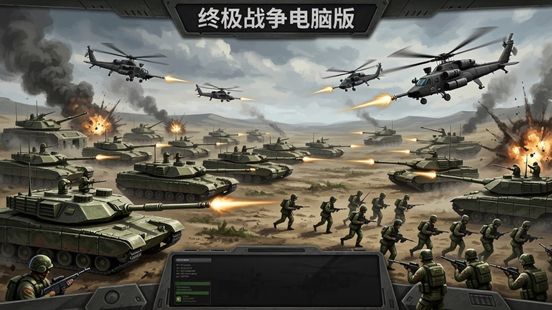 描绘“终极战争电脑版”宏大战场全景,包含坦克集群、武装直升机、步兵冲锋等元素,展现策略指挥与激烈交锋