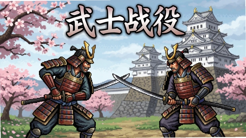 武士战役电脑版战斗场景,武士持刀对峙,背景樱花与城堡,文字“武士战役”