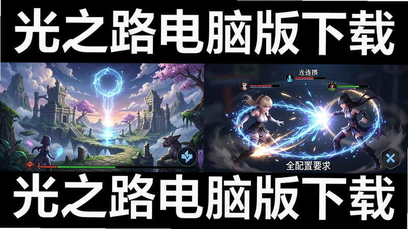 光之路游戏全内容概览,包含唯美场景、角色、战斗光纹连携、快捷键与配置要求,文字“光之路电脑版下载”