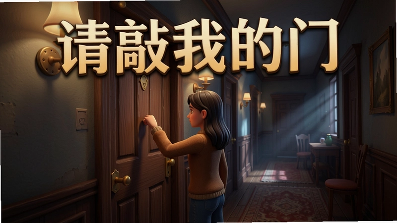 请敲我的门游戏精美场景图,展示主角敲门瞬间及充满故事感的走廊环境,文字“请敲我的门”标题醒目