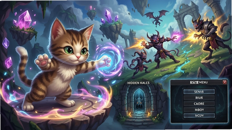 小猫的狂暴游戏主视觉,包含主角猫释放技能、奇幻场景、敌人对战、隐藏关卡、配置菜单界面