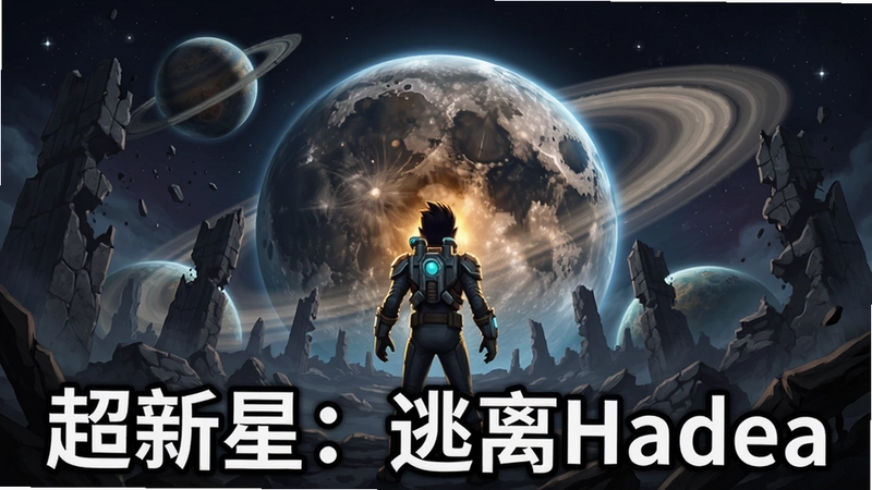 展示“超新星:逃离Hadea”游戏主视觉图,包含主角与废墟星球背景,标题文字明显