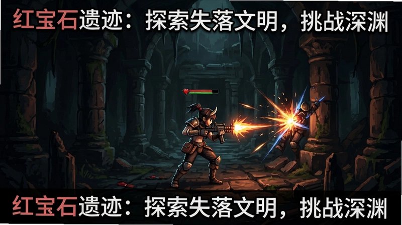 红宝石遗迹电脑版高清游戏截图,展示主角在幽暗遗迹中战斗,文字“红宝石遗迹:探索失落文明,挑战深渊”