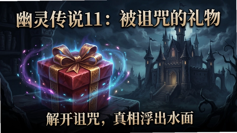 “幽灵传说11:被诅咒的礼物”游戏主视觉图,包含被诅咒的礼物盒、神秘城堡以及魔法光效,文案为“解开诅咒,真相浮出水面”