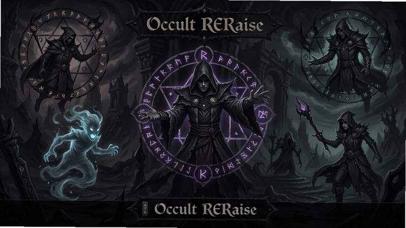 一幅展示“Occult RERaise”游戏主界面,包含神秘符文、灵体角色与暗黑奇幻场景的插画