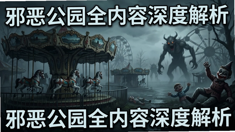 邪恶公园恐怖游戏场景,废弃游乐园笼罩在浓雾中,破旧的旋转木马与诡异的人偶散落四周,远处隐约可见扭曲的怪物轮廓,整体色调阴暗冷峻,标题文字“邪恶公园全内容深度解析”