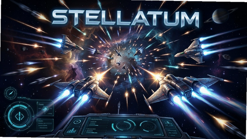 史诗级太空射击游戏Stellatum,炫目的弹幕与战机在星云中穿梭,科幻UI界面,4K画质,动态光影,显示“Stellatum”游戏标题