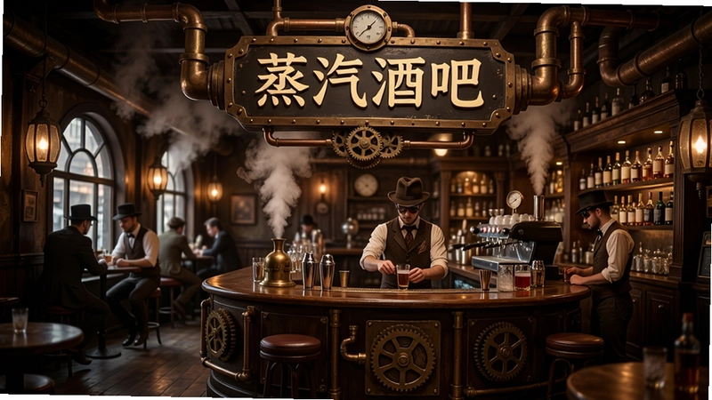 蒸汽朋克风蒸汽酒吧主界面,展示酒吧内景、调酒台和“蒸汽酒吧”招牌