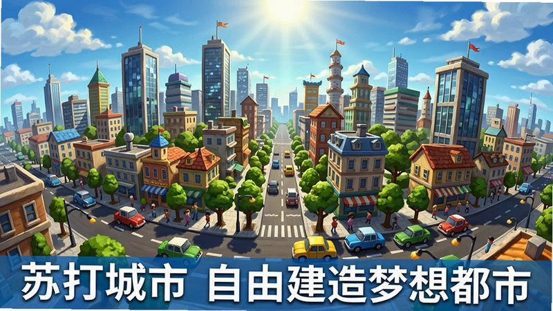 苏打城市游戏全景,阳光普照下的缤纷都会,高楼林立与绿树成荫相映,市民车辆川流不息,画面标注“苏打城市 自由建造梦想都市”